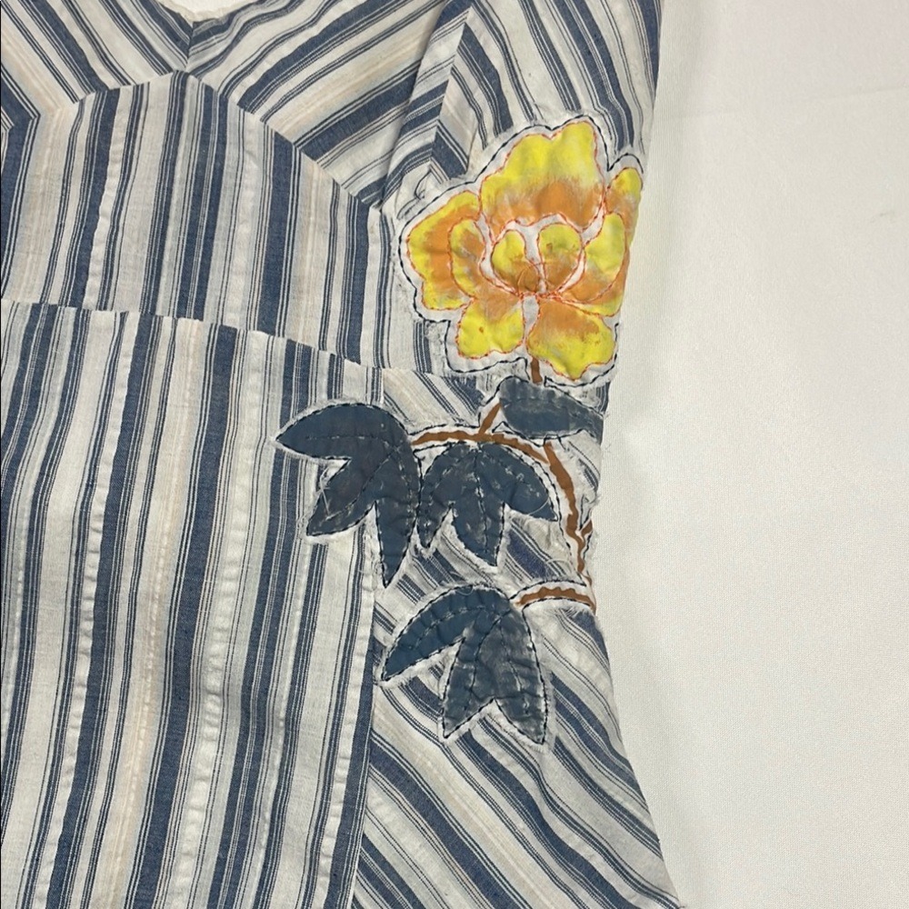 Mooni Striped Patchwork Tank Top Yellow Flower Applique Ruffle Hem Size M View 2